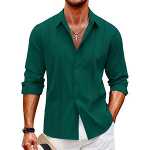 ❤️Mens Green Cuban  Shirt Casual Button Down Shirts Long Sleeve Beach Shirts